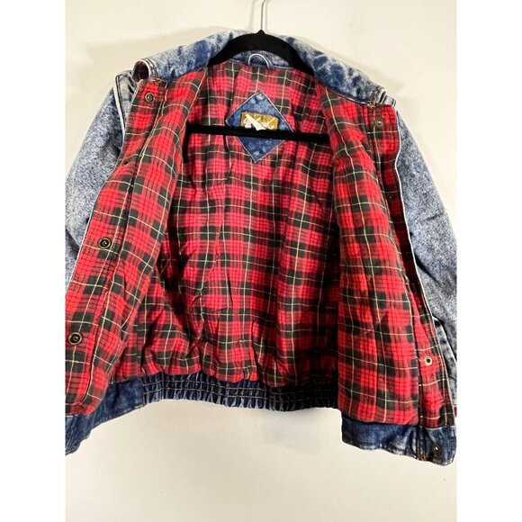 Vintage Acid Wash Denim Jean Bomber Jacket Blue 10 Flannel Plaid 80s Y2K Preppy - Picture 15 of 16